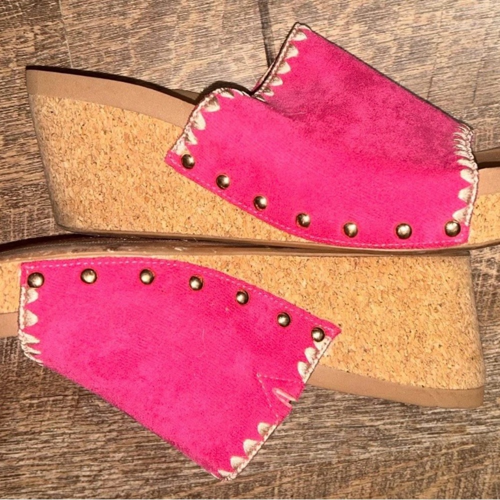 Corkys Hot Pink Suede Studded Cork Wedge Slides